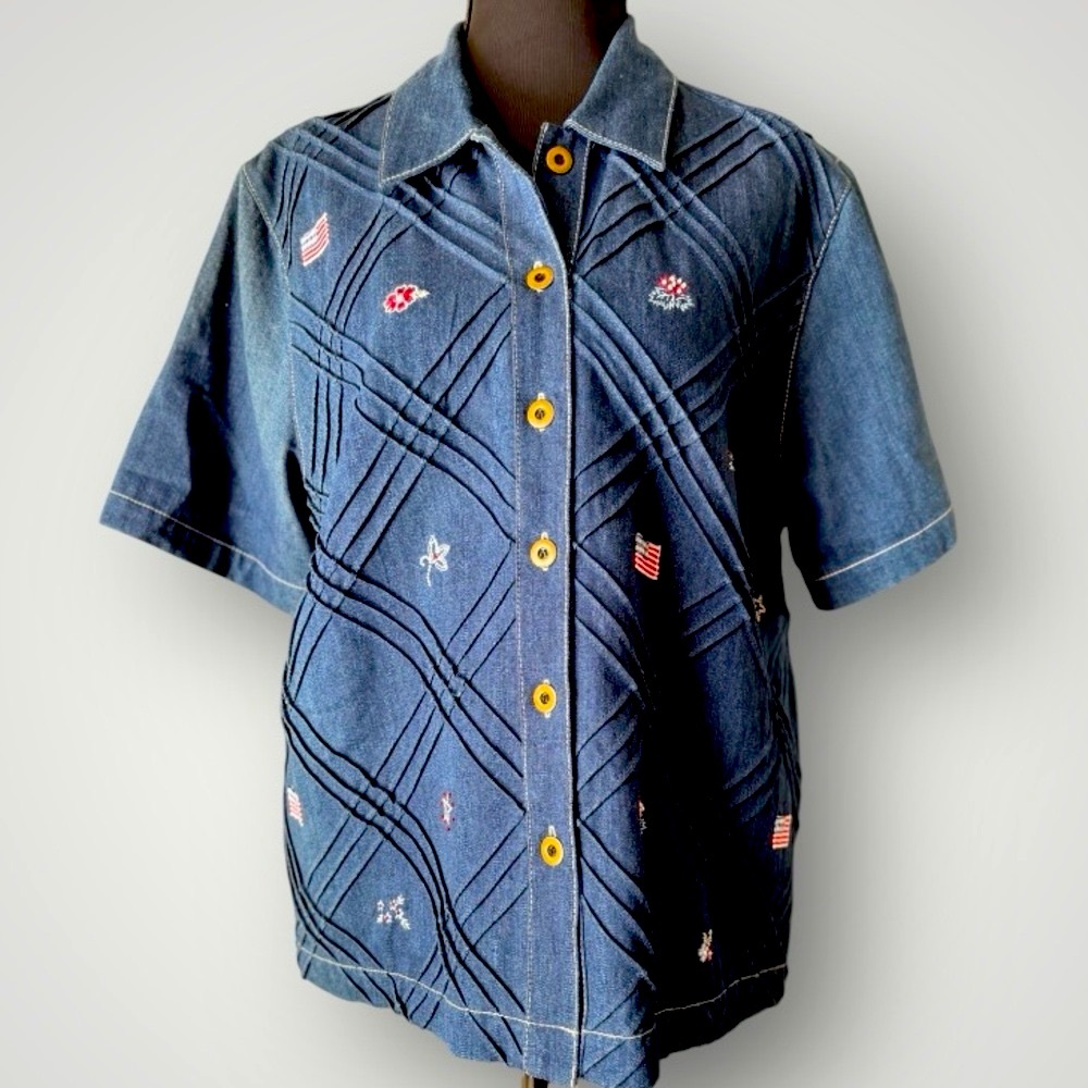 Vintage Koret City Blues Denim Embroidered USA Short Sleeve Button Down Top LP